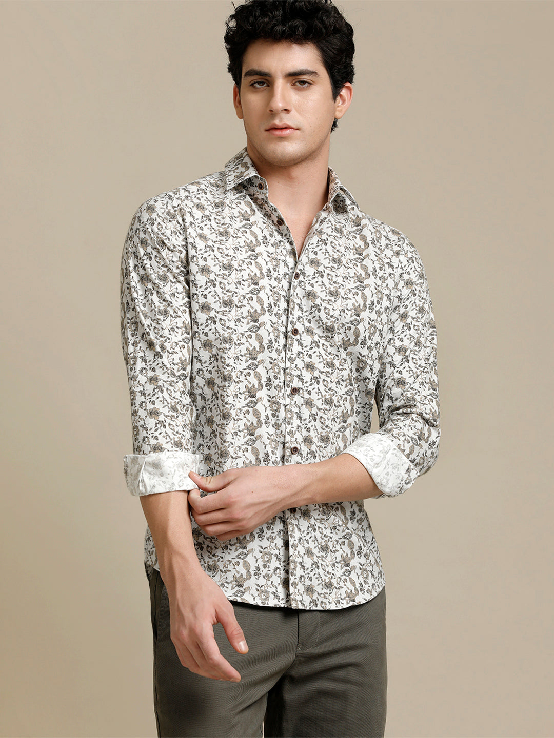 Aldeno Mens Slim Fit Floral Aop White/Brown Casual Cotton Shirt (BEFOL)