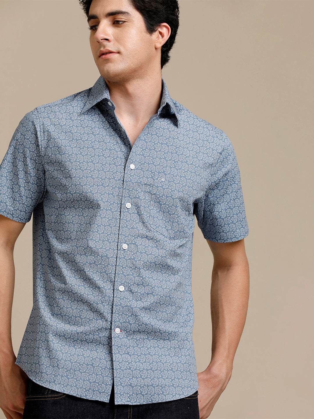 Aldeno Mens Regular Fit Steel Blue Abstract Aop Casual Cotton Blend Stretch Shirt (HANJA)