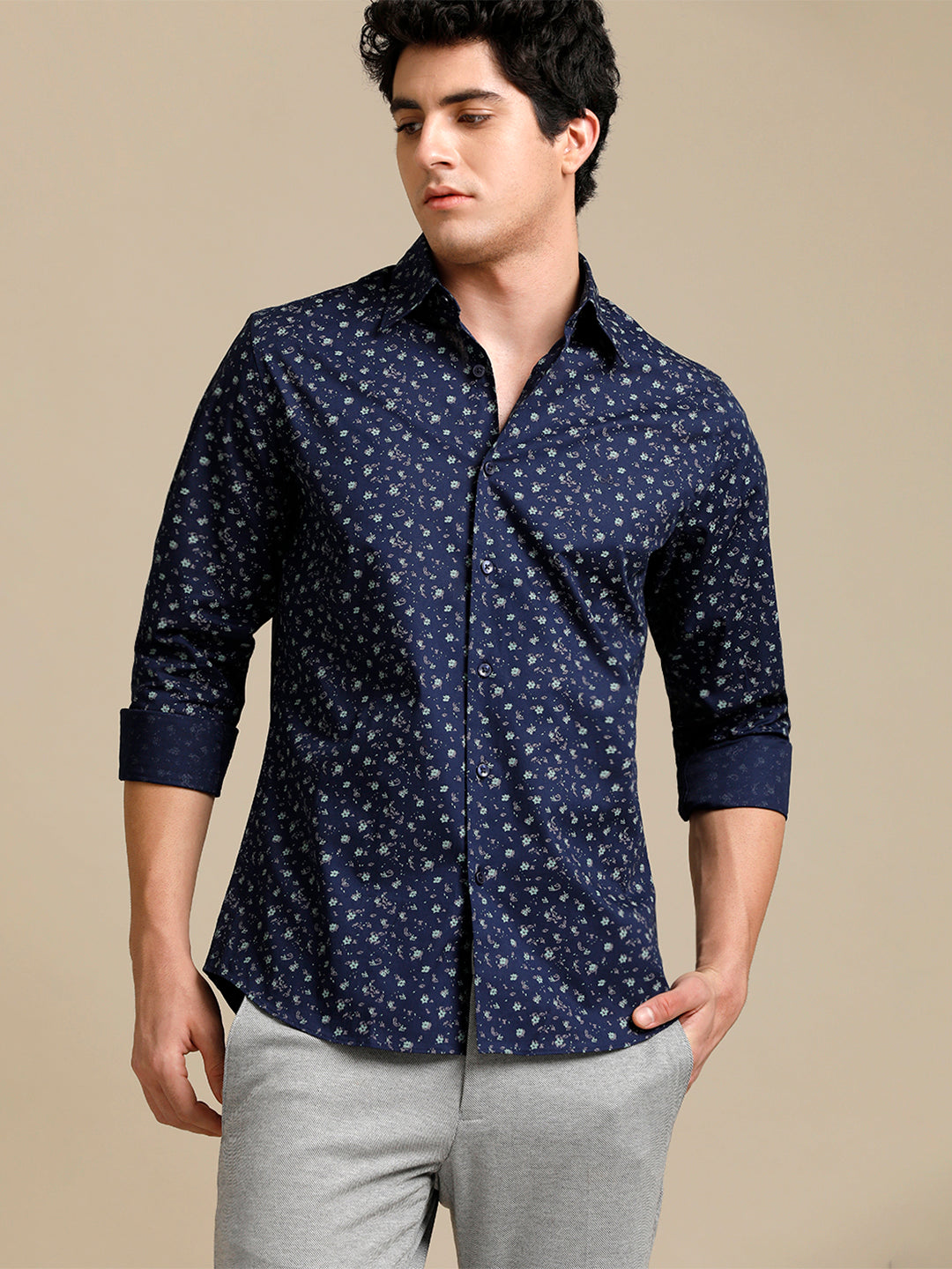 Aldeno Mens Regular Fit Floral Aop Starlight Blue/Green Casual Cotton SHIRT (POPIN)