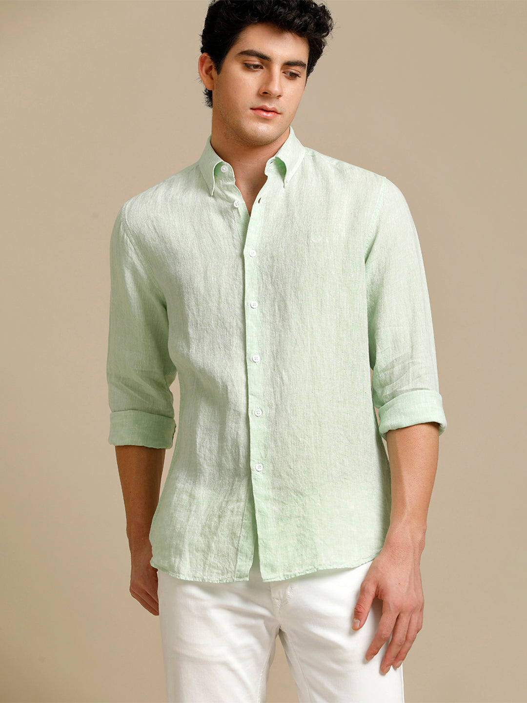 Aldeno Mens Regular Fit Tea Green Solid Casual Linen Shirt (LAGON)