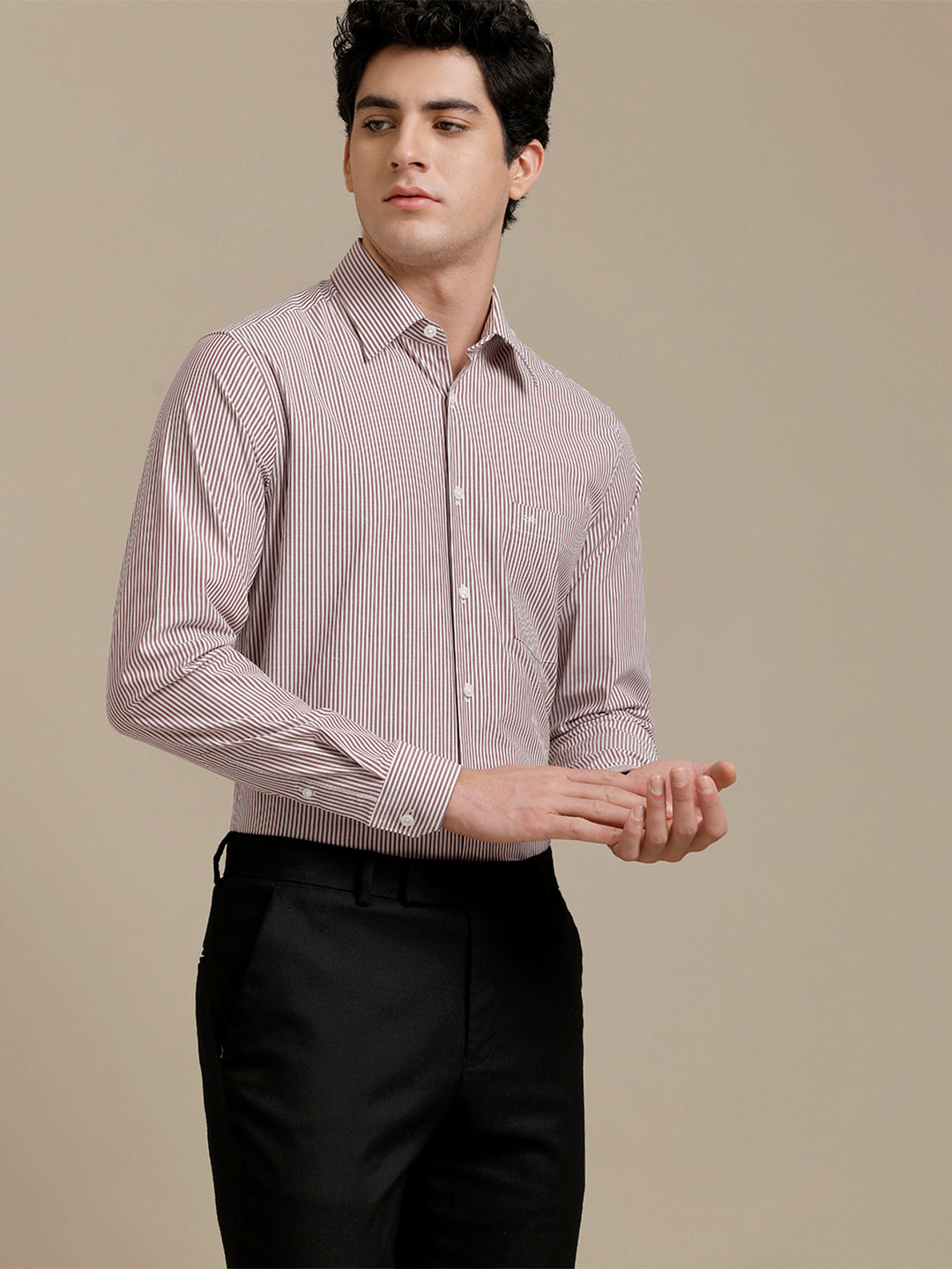Aldeno Mens Slim Fit Maroon/White Stripe Formal Cotton Blend Stretch Shirt (RENZO)