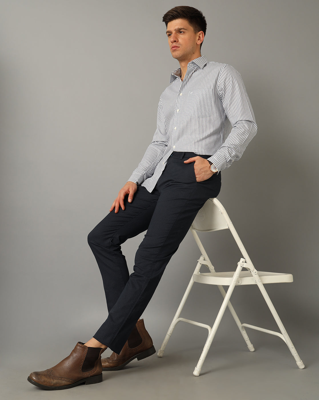 Aldeno Men Striped Formal White Shirt