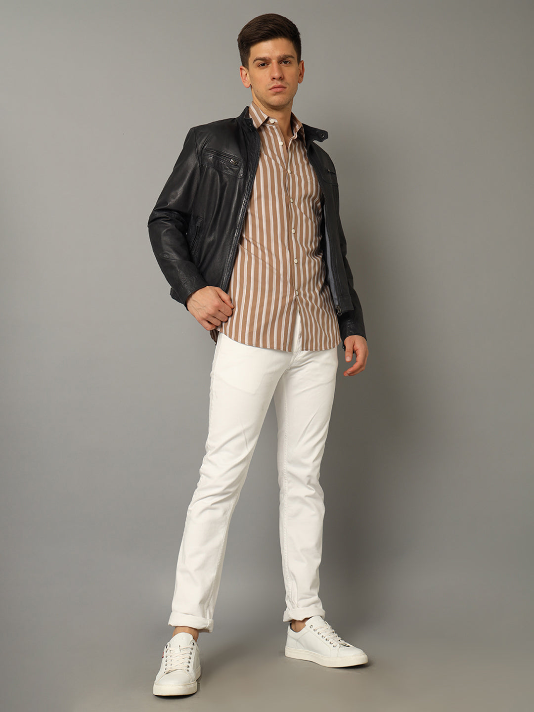 Aldeno Men Striped Casual Beige Shirt