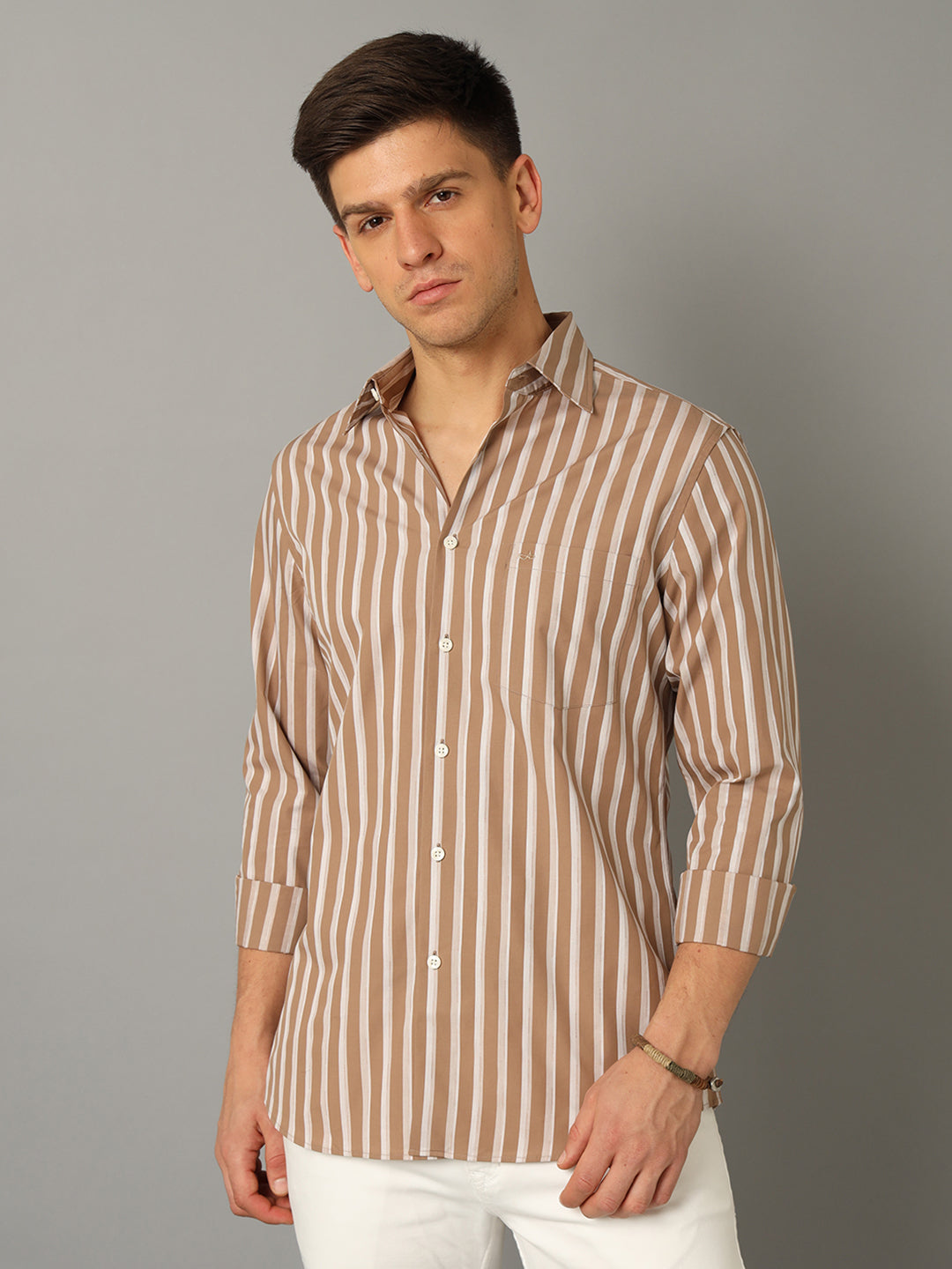 Aldeno Men Striped Casual Beige Shirt