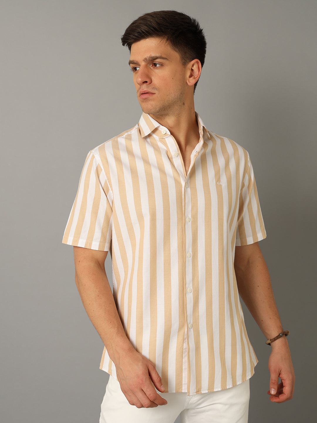 Aldeno Men Striped Casual Beige Shirt