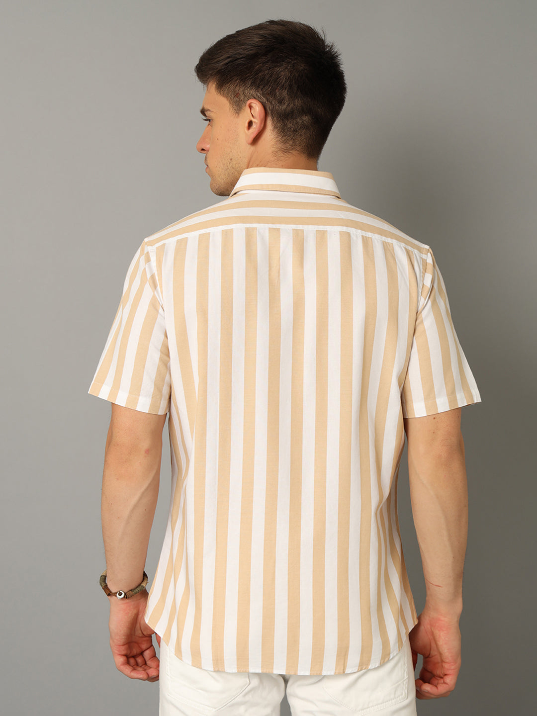Aldeno Men Striped Casual Beige Shirt