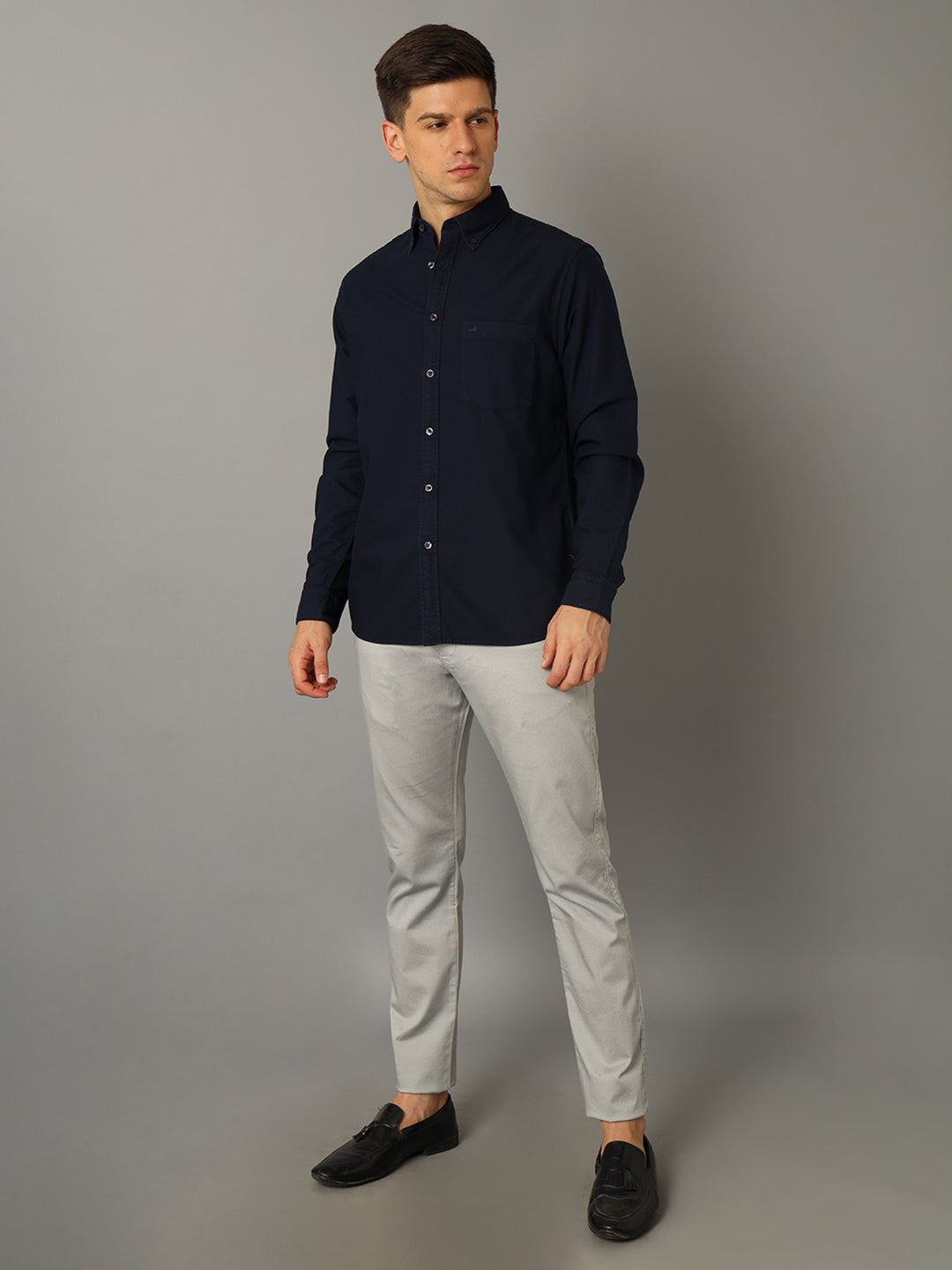 Aldeno Men Solid Casual Dark Blue Shirt