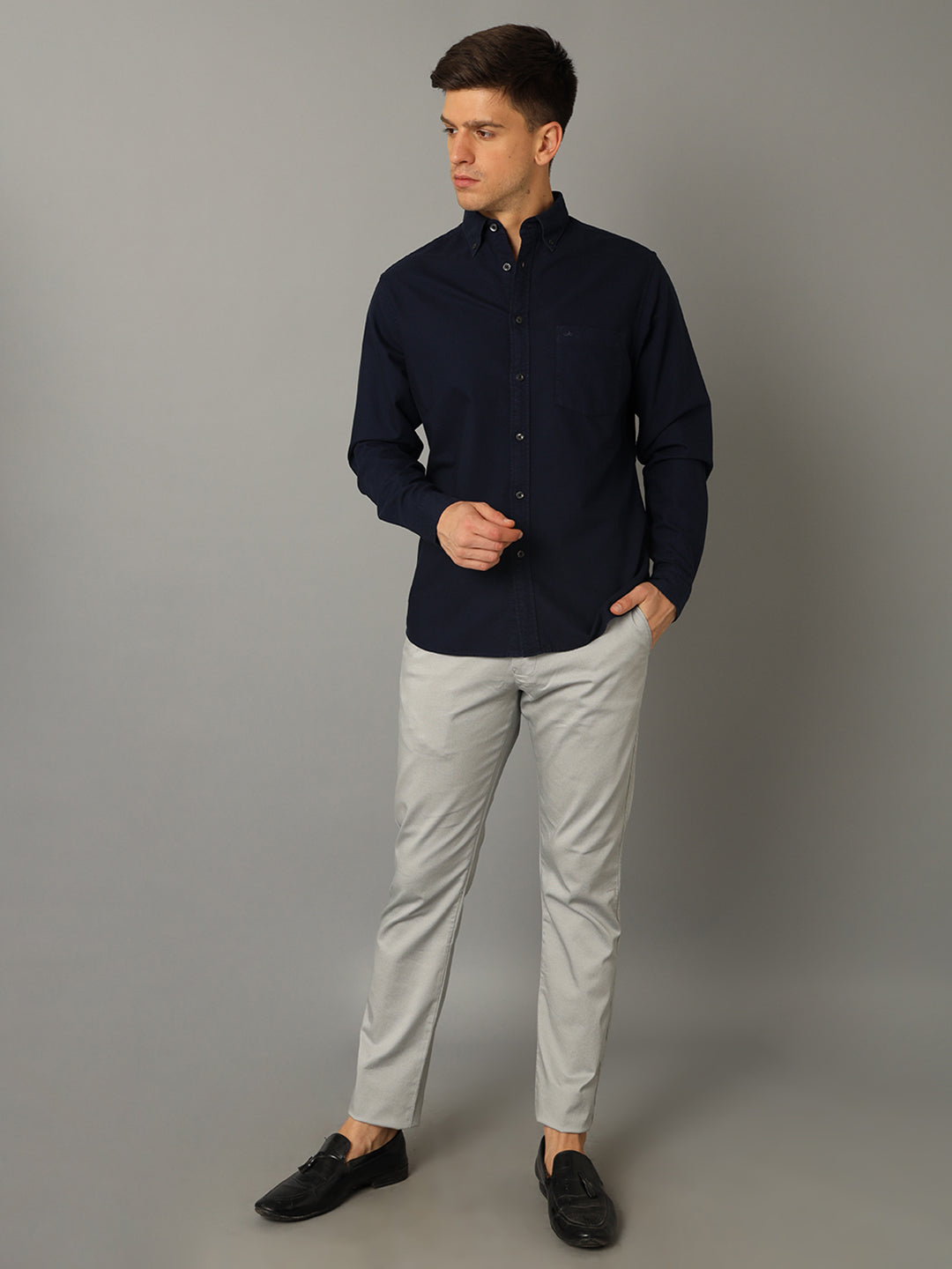 Aldeno Men Solid Casual Dark Blue Shirt