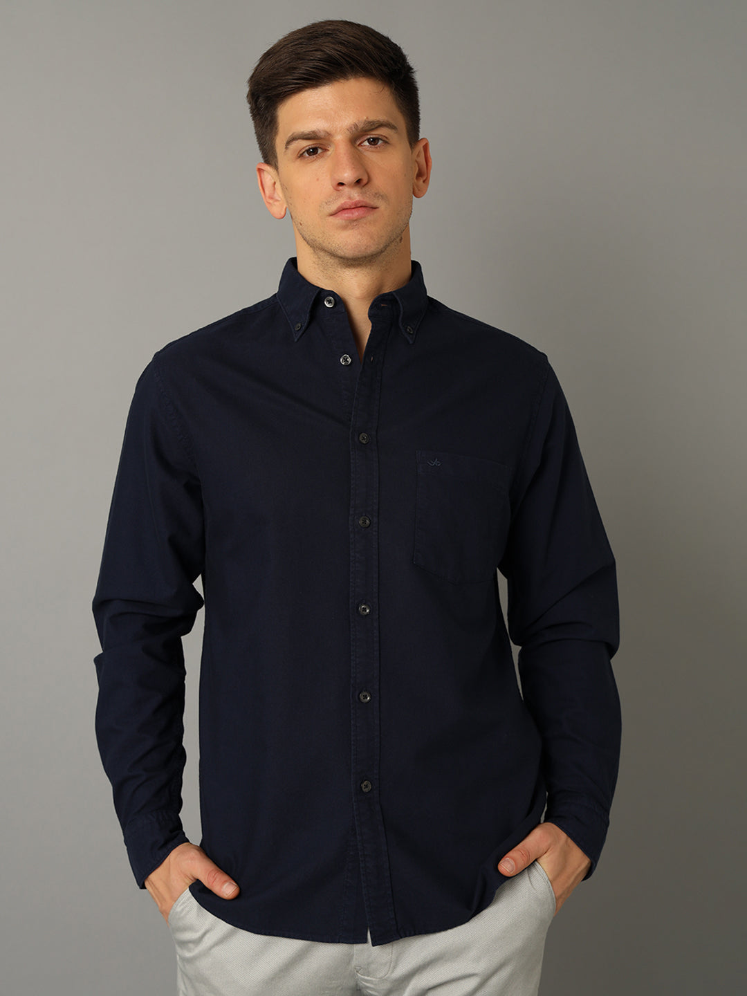 Aldeno Men Solid Casual Dark Blue Shirt