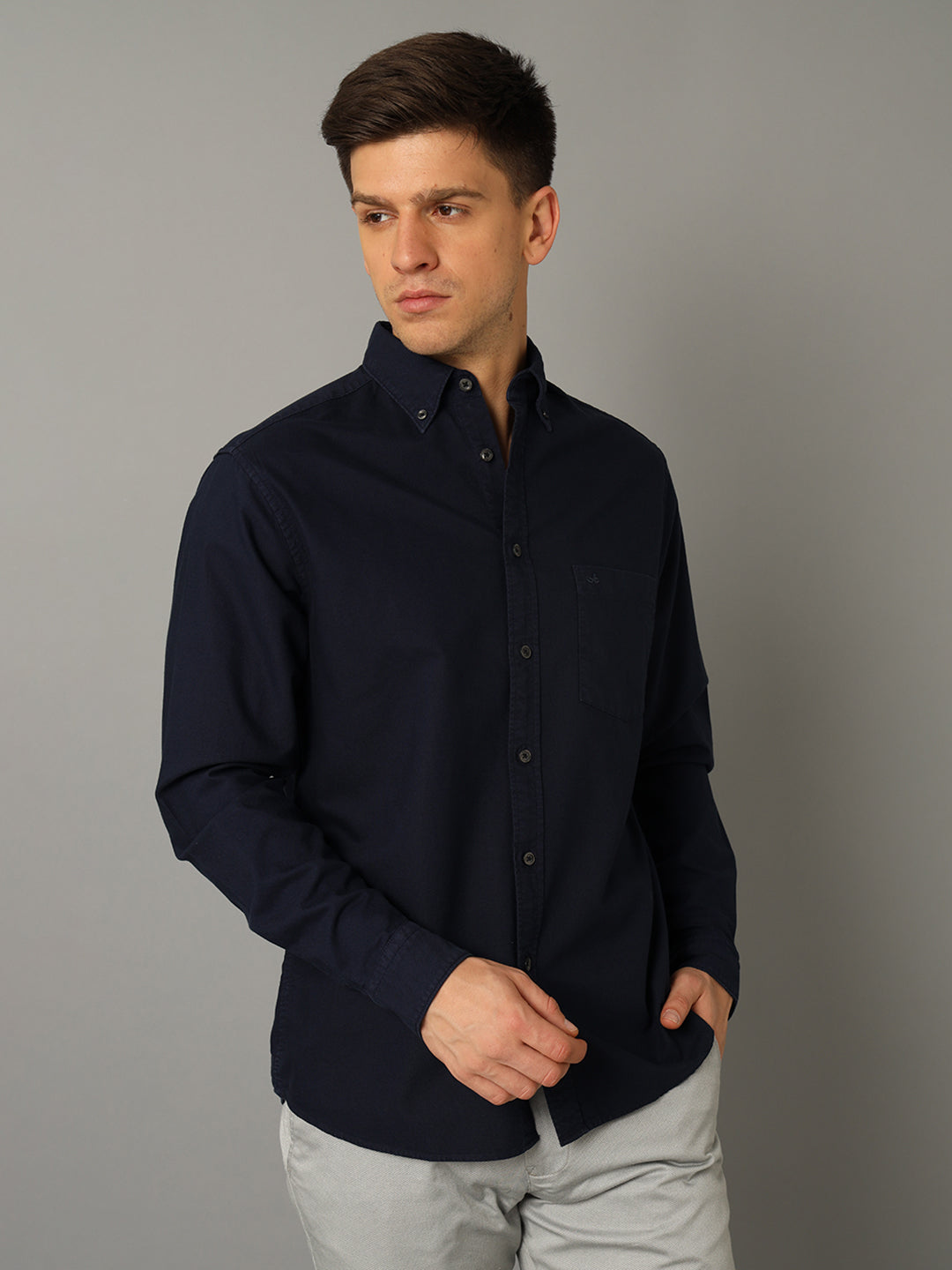Aldeno Men Solid Casual Dark Blue Shirt