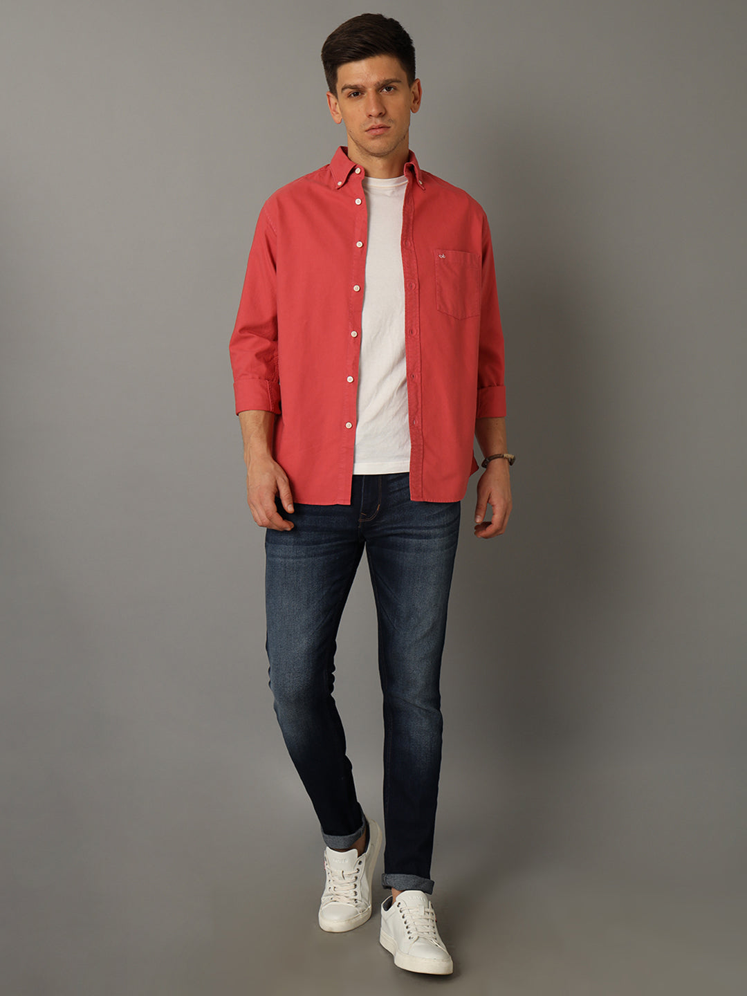 Aldeno Men Solid Casual Pink Shirt