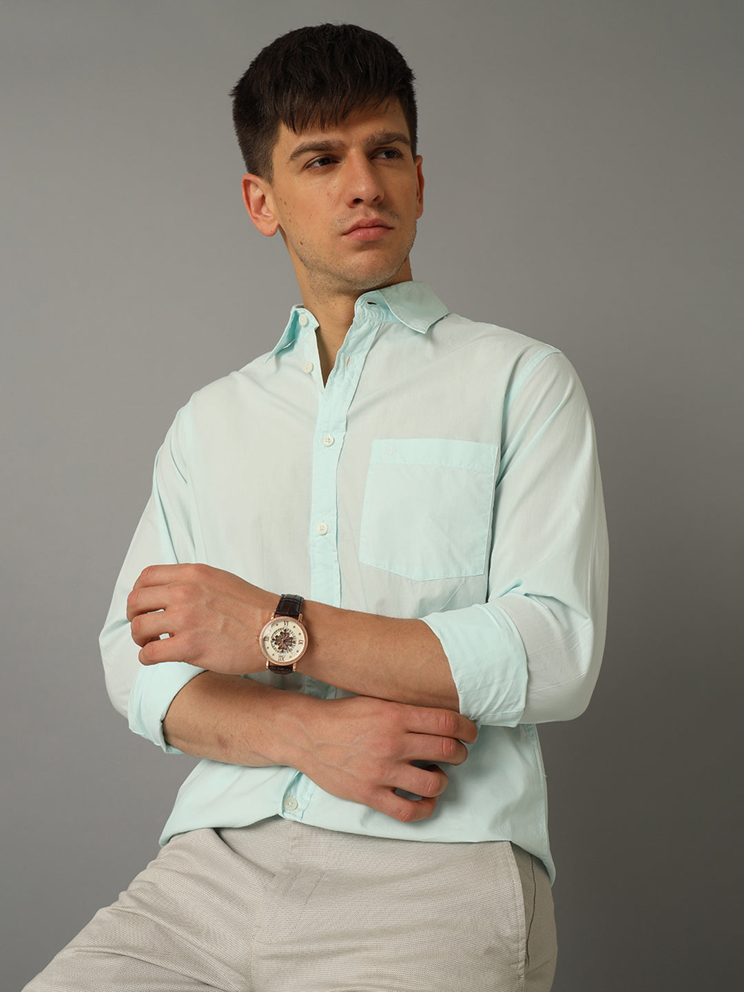 Aldeno Men Solid Formal Light Green Shirt