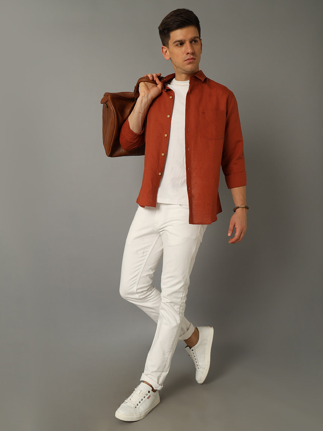Aldeno Men Solid Casual Brown Shirt