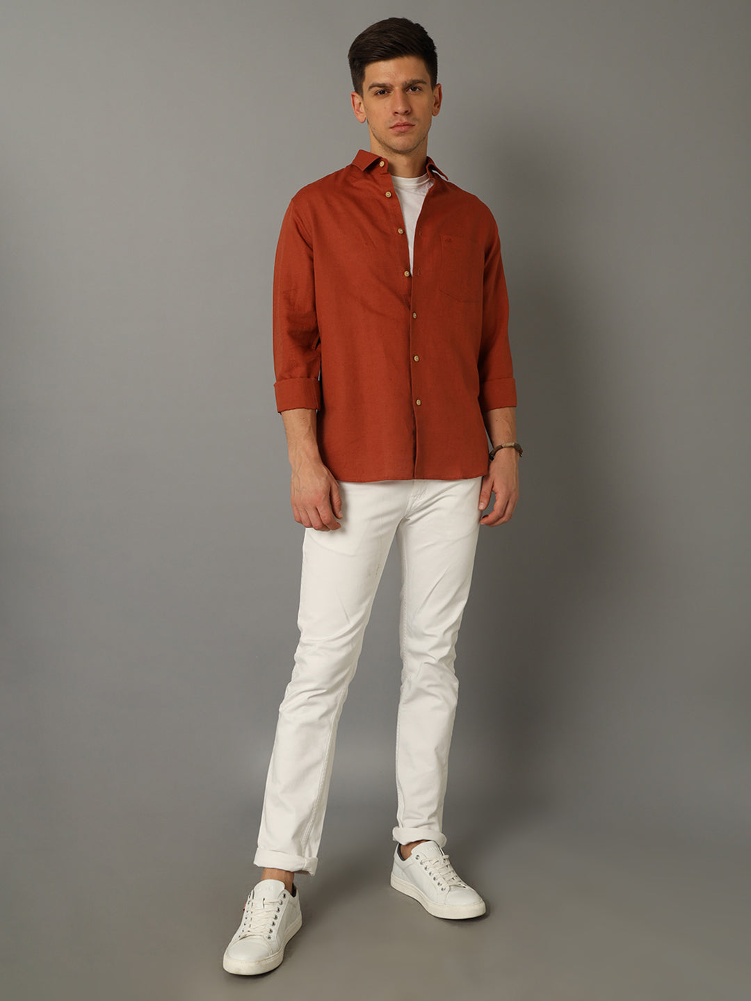 Aldeno Men Solid Casual Brown Shirt
