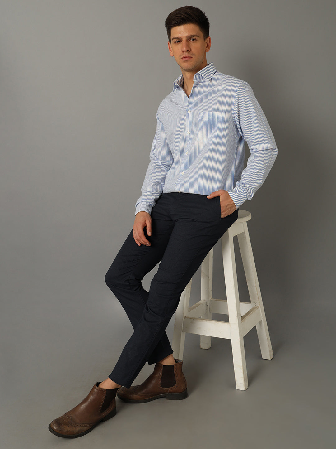 Aldeno Men Striped Formal Light Blue Shirt