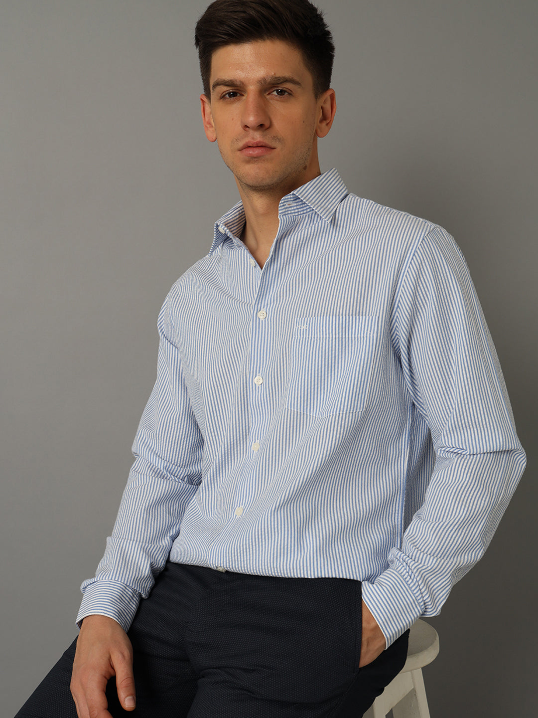 Aldeno Men Striped Formal Light Blue Shirt