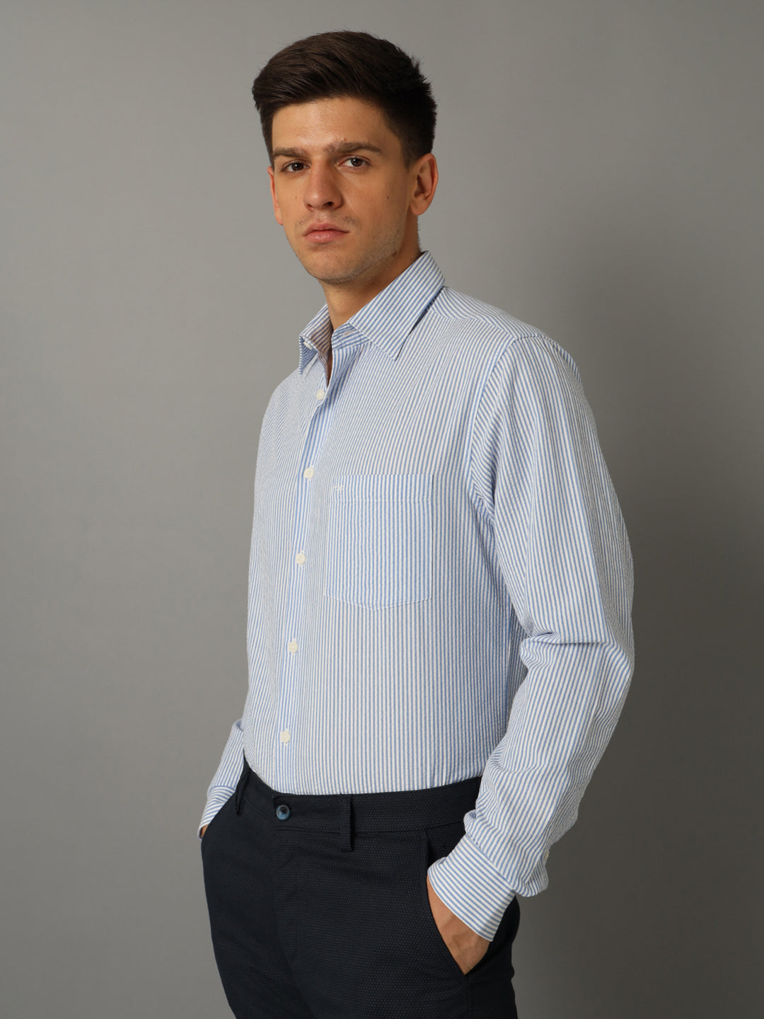 Aldeno Men Striped Formal Light Blue Shirt