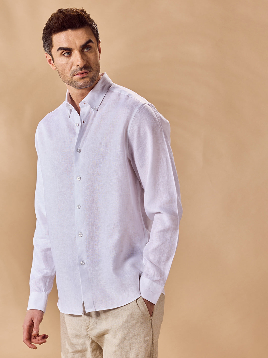 Aldeno Mens Regular Fit Solid White Casual Linen Shirt (LITE)