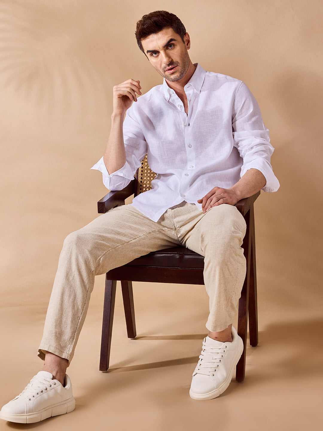 Aldeno Mens Regular Fit Solid White Casual Linen Shirt (LITE)