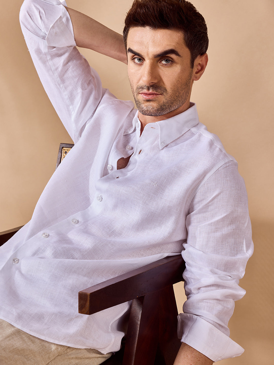 Aldeno Mens Regular Fit Solid White Casual Linen Shirt (LITE)