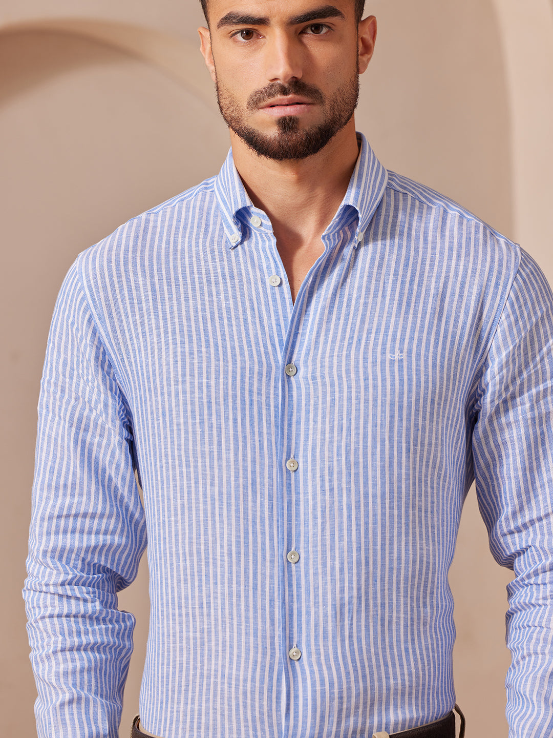 Aldeno Men Regular Fit Stripe Sky blue and white Linen Shirt (MAZE)