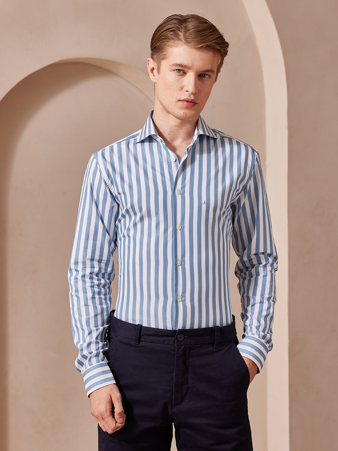 Aldeno Men Slim Fit Stripes White, blue Cotton Shirt (MORN)