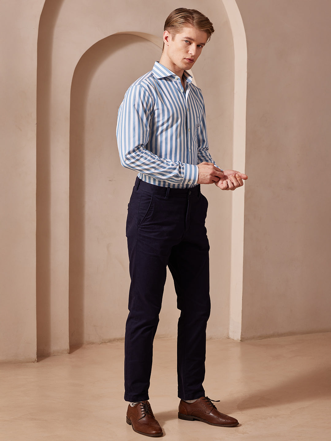 Aldeno Men Slim Fit Stripes White, blue Cotton Shirt (MORN)