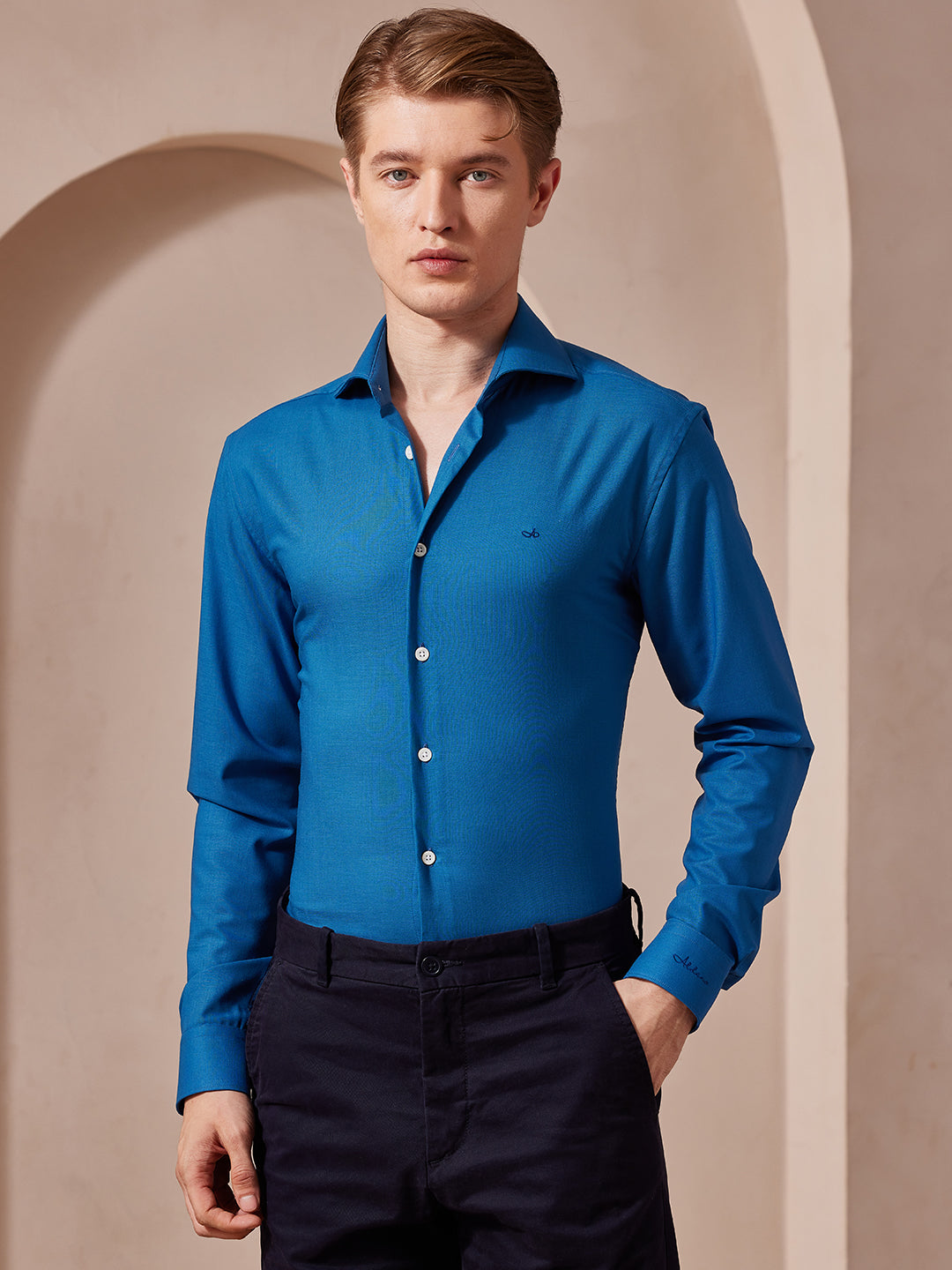 Aldeno Men Slim Fit Sold Blue Cotton Shirt (MORY)