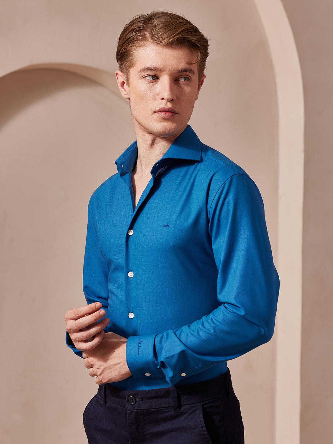 Aldeno Men Slim Fit Sold Blue Cotton Shirt (MORY)