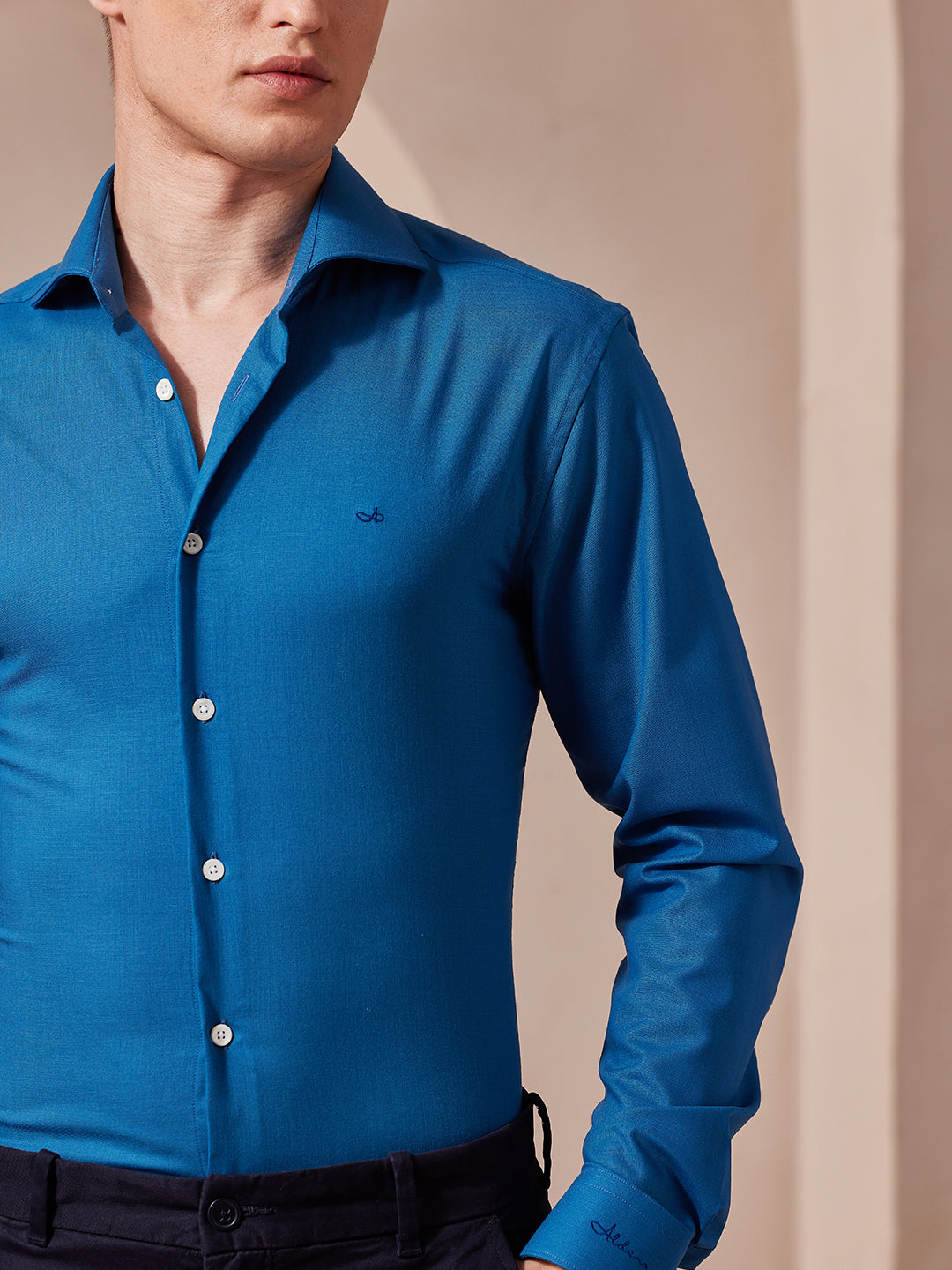 Aldeno Men Slim Fit Sold Blue Cotton Shirt (MORY)