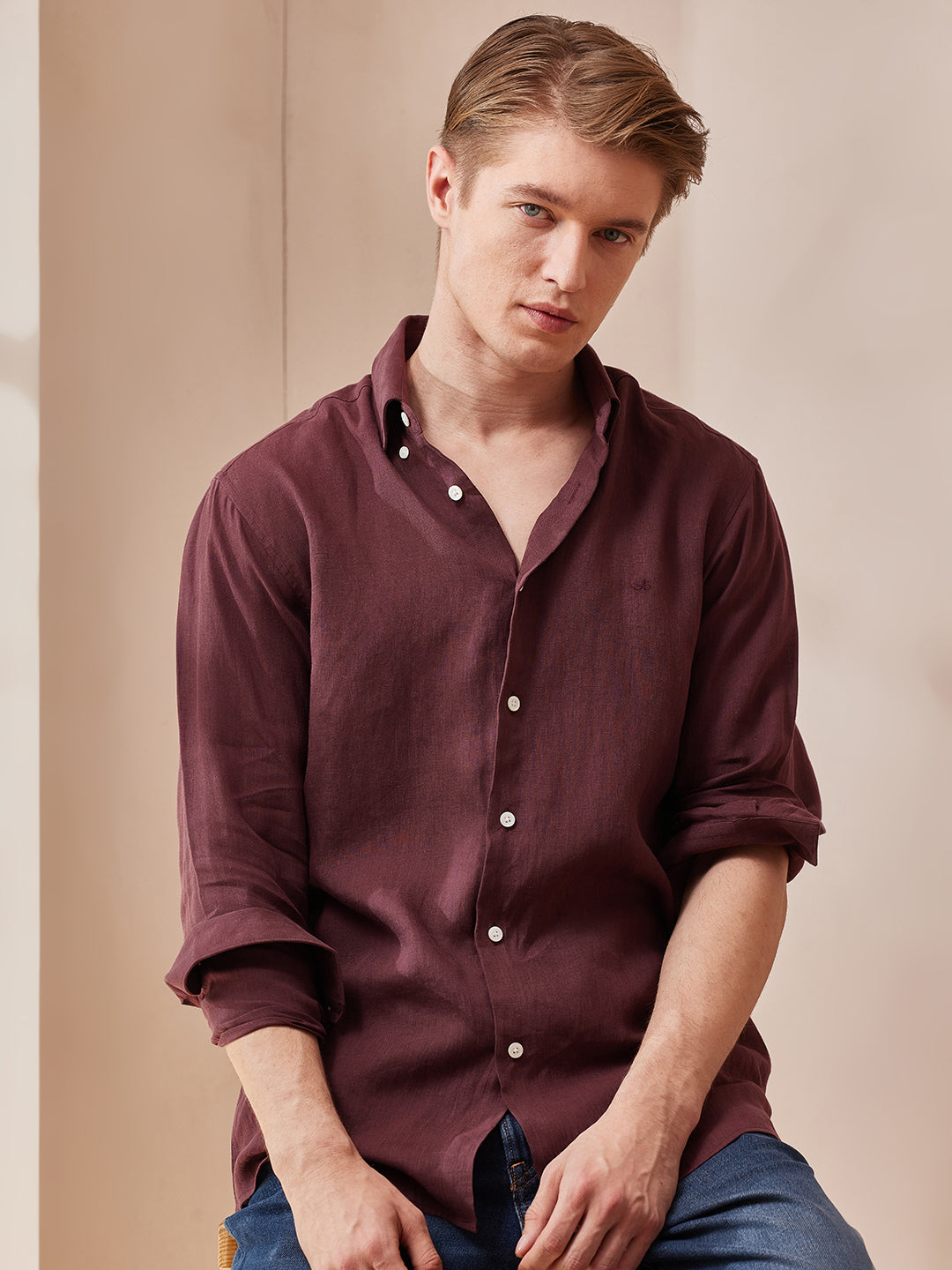 Aldeno Men Regular Fit Solid Wine Cotton Shirt (MADI)