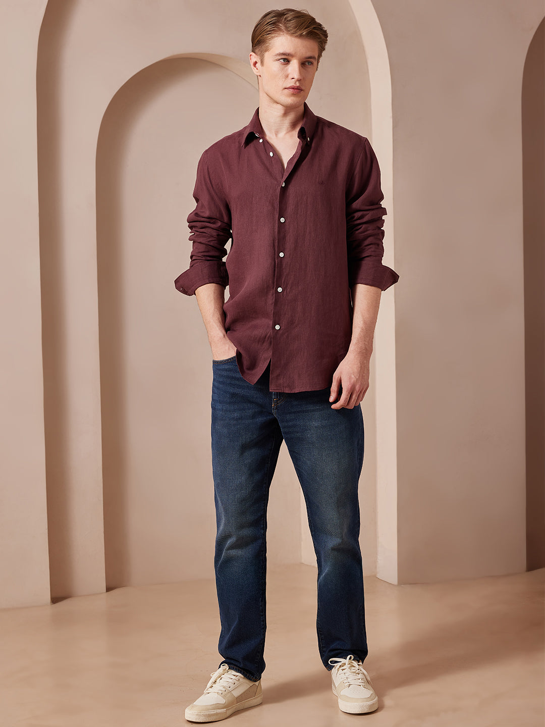Aldeno Men Regular Fit Solid Wine Cotton Shirt (MADI)