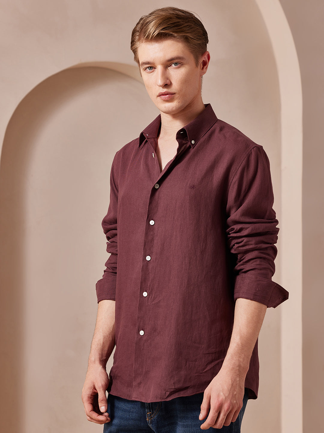 Aldeno Men Regular Fit Solid Wine Cotton Shirt (MADI)