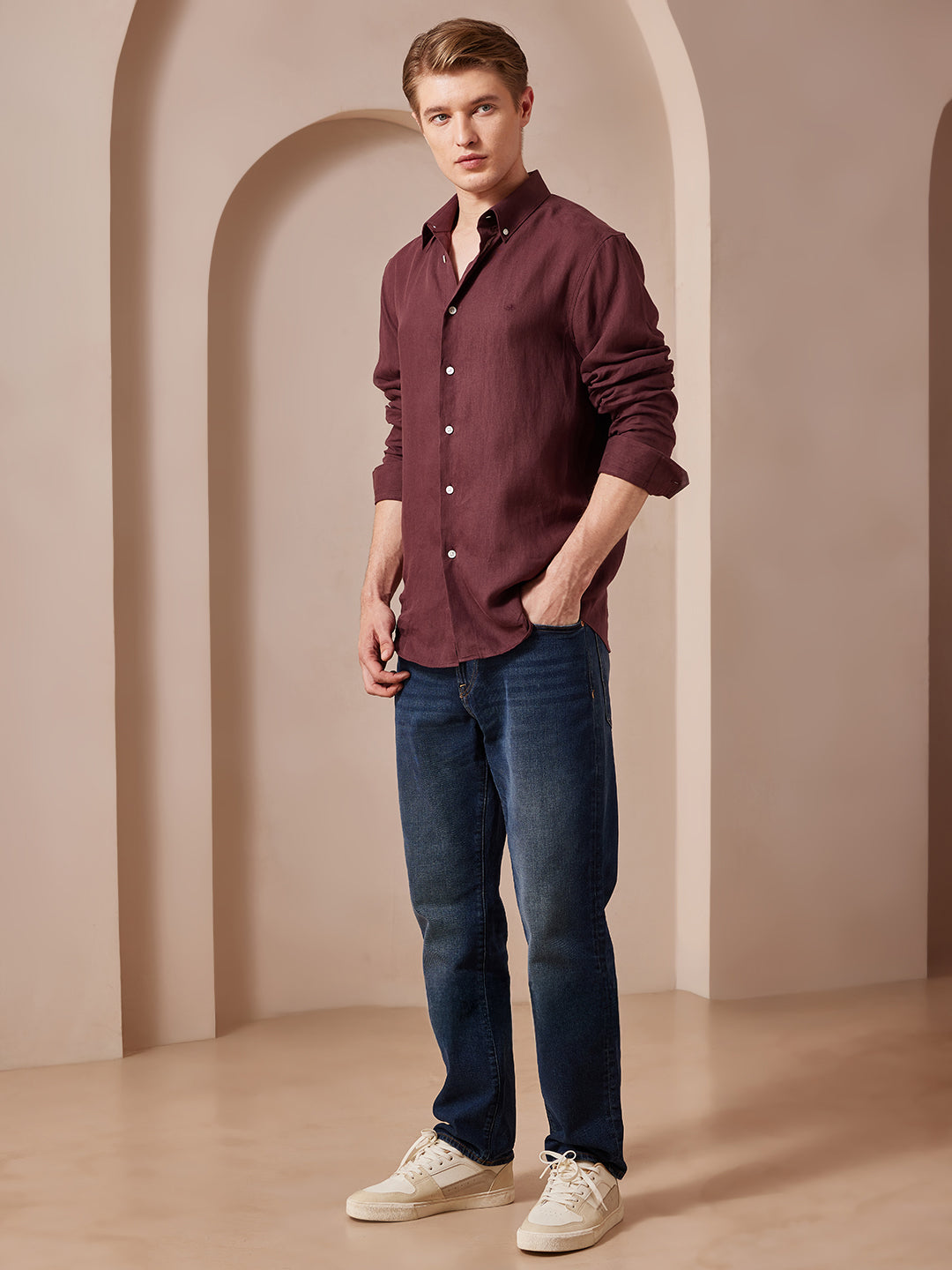 Aldeno Men Regular Fit Solid Wine Cotton Shirt (MADI)