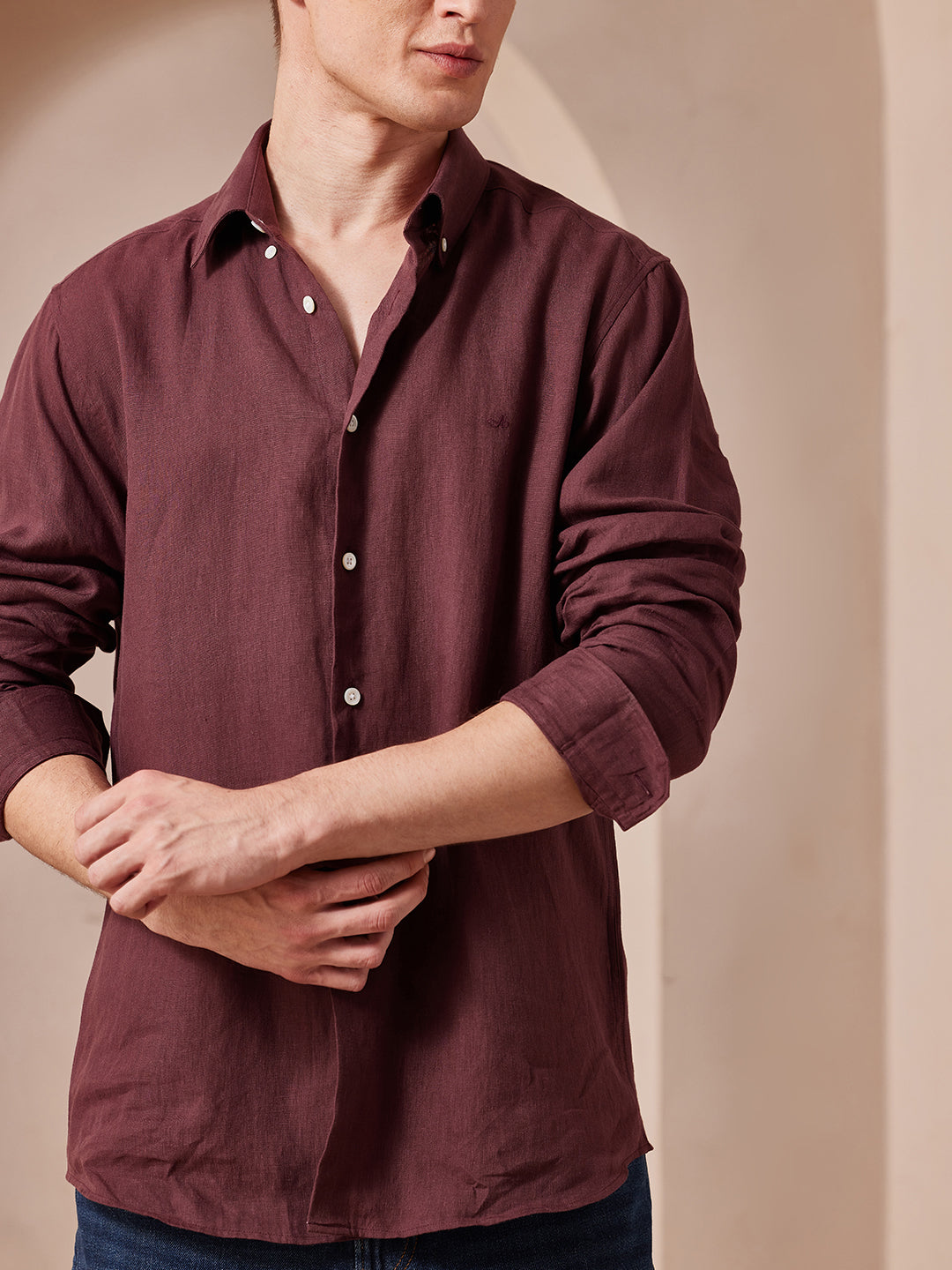 Aldeno Men Regular Fit Solid Wine Cotton Shirt (MADI)