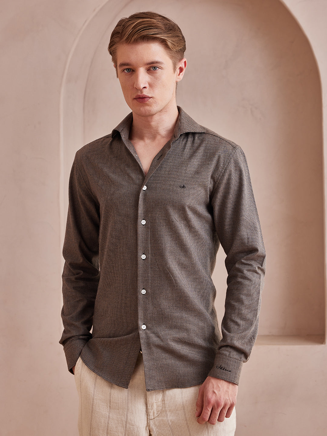 Aldeno Men Slim Fit Checks Brown Cotton Shirt (MANU)