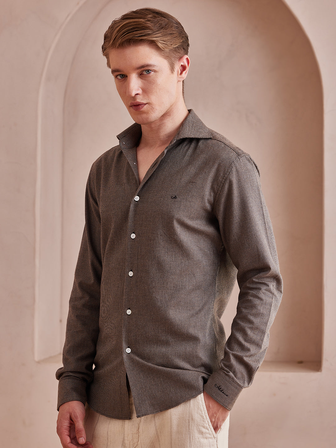Aldeno Men Slim Fit Checks Brown Cotton Shirt (MANU)