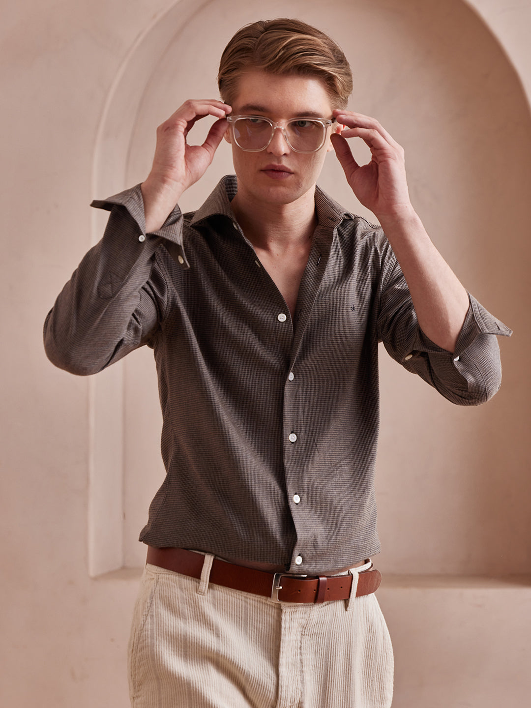 Aldeno Men Slim Fit Checks Brown Cotton Shirt (MANU)