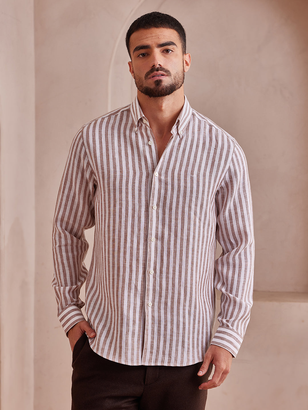 Aldeno Men Regular Fit Stripe Brown and white stripe Linen Shirt (MAZY)