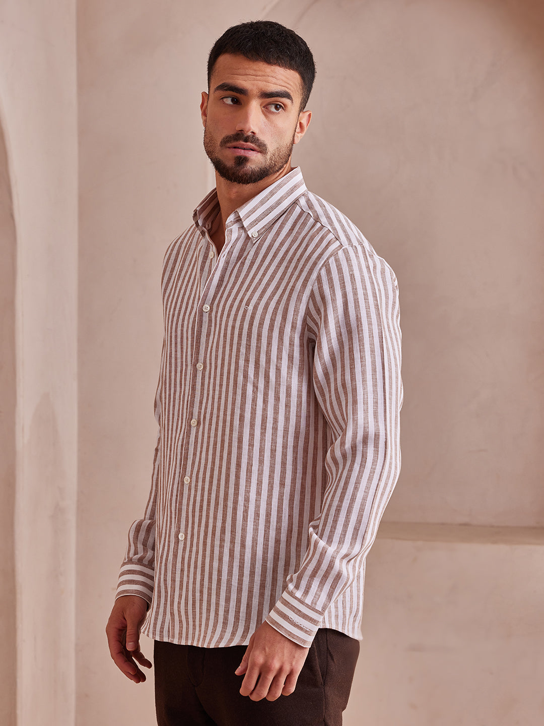 Aldeno Men Regular Fit Stripe Brown and white stripe Linen Shirt (MAZY)