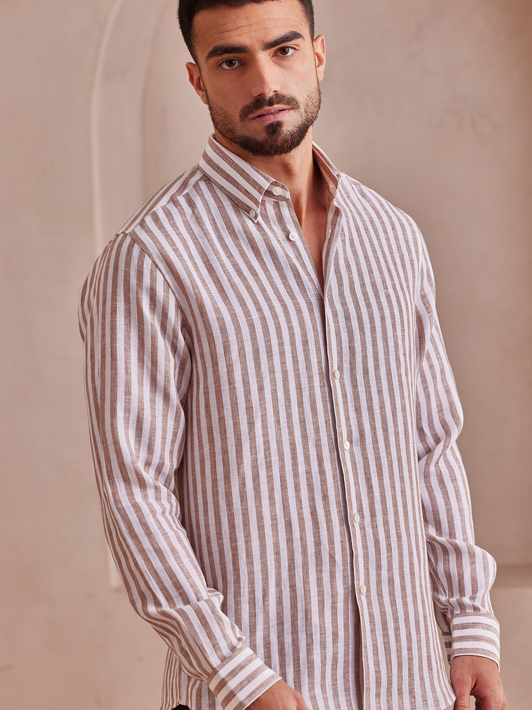Aldeno Men Regular Fit Stripe Brown and white stripe Linen Shirt (MAZY)