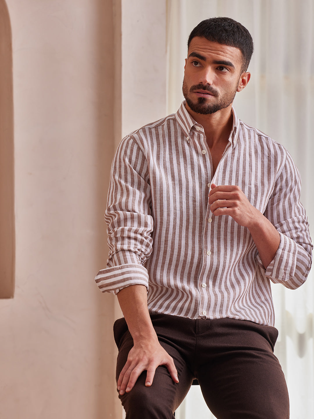 Aldeno Men Regular Fit Stripe Brown and white stripe Linen Shirt (MAZY)