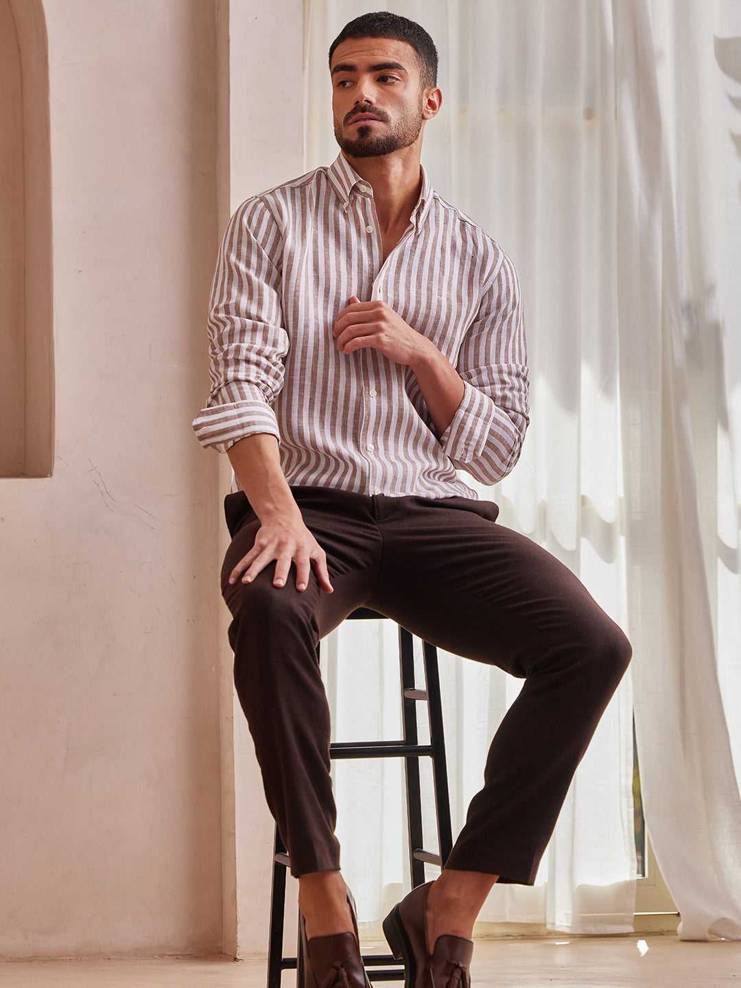 Aldeno Men Regular Fit Stripe Brown and white stripe Linen Shirt (MAZY)