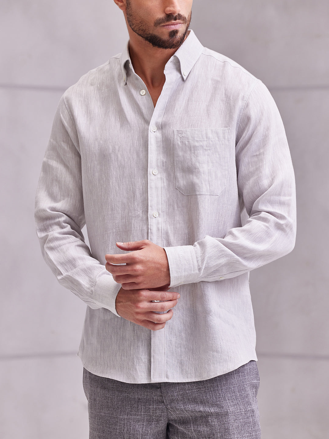 Aldeno Men Regular Fit Solid Light grey Linen Shirt (MAYO)