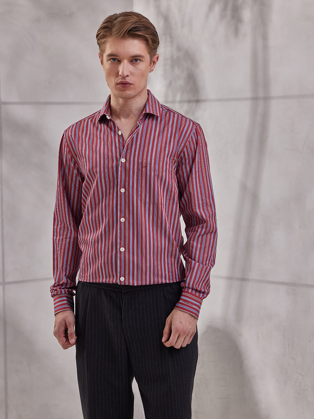 Aldeno Men Regular Fit Stripes Red Cotton Shirt (MOVI)