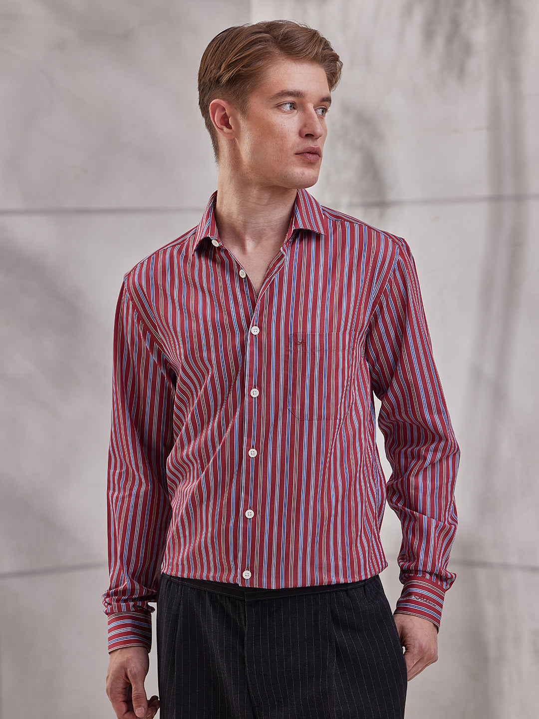Aldeno Men Regular Fit Stripes Red Cotton Shirt (MOVI)