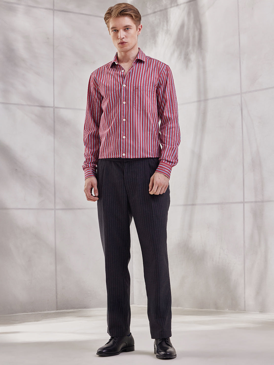 Aldeno Men Regular Fit Stripes Red Cotton Shirt (MOVI)