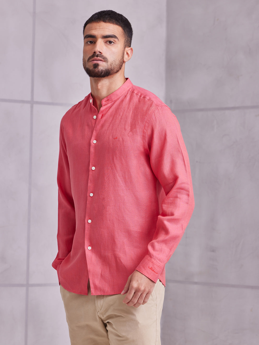 Aldeno Men Regular Fit Solid Pink Linen Shirt (MEBA)