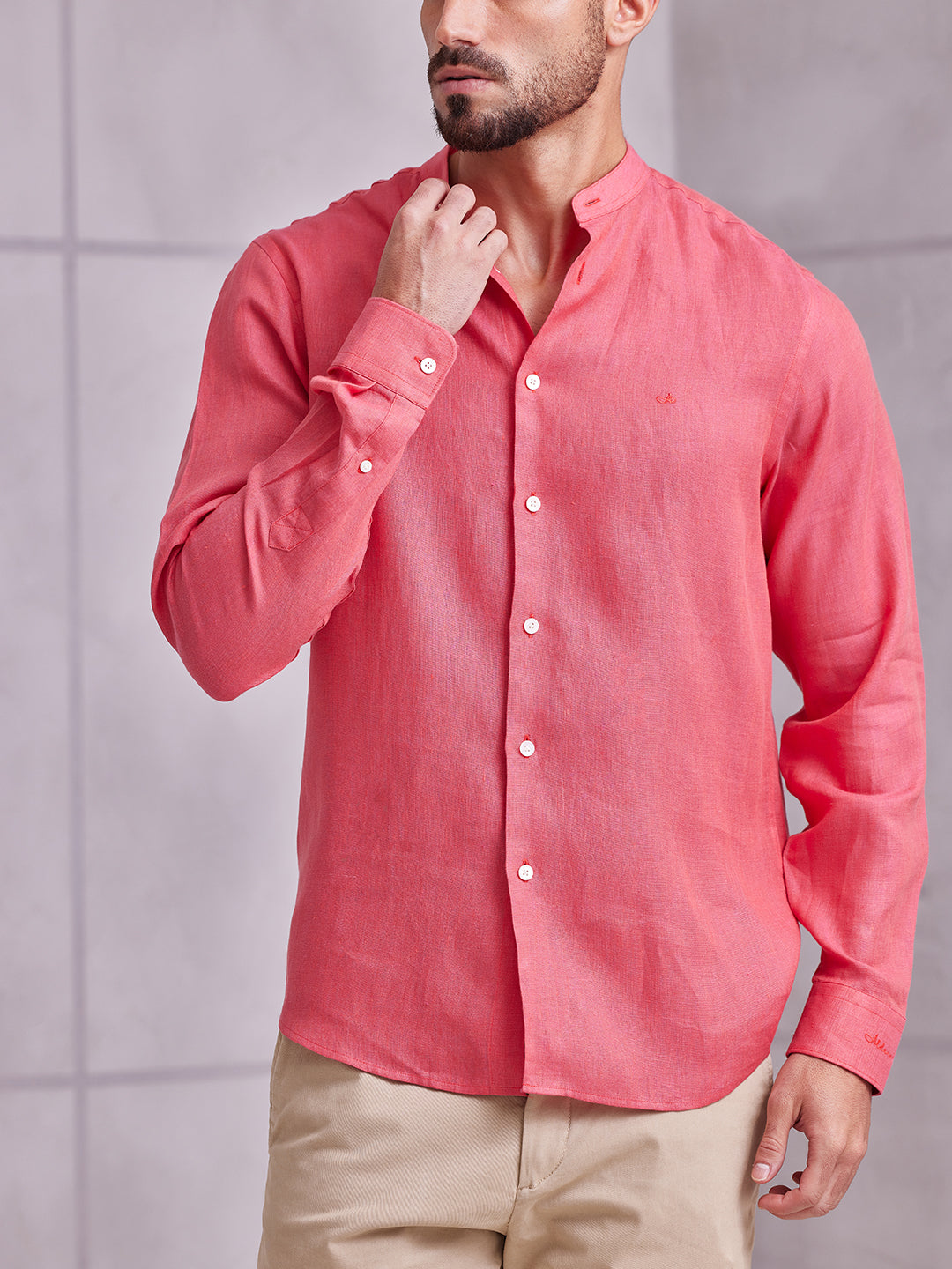 Aldeno Men Regular Fit Solid Pink Linen Shirt (MEBA)