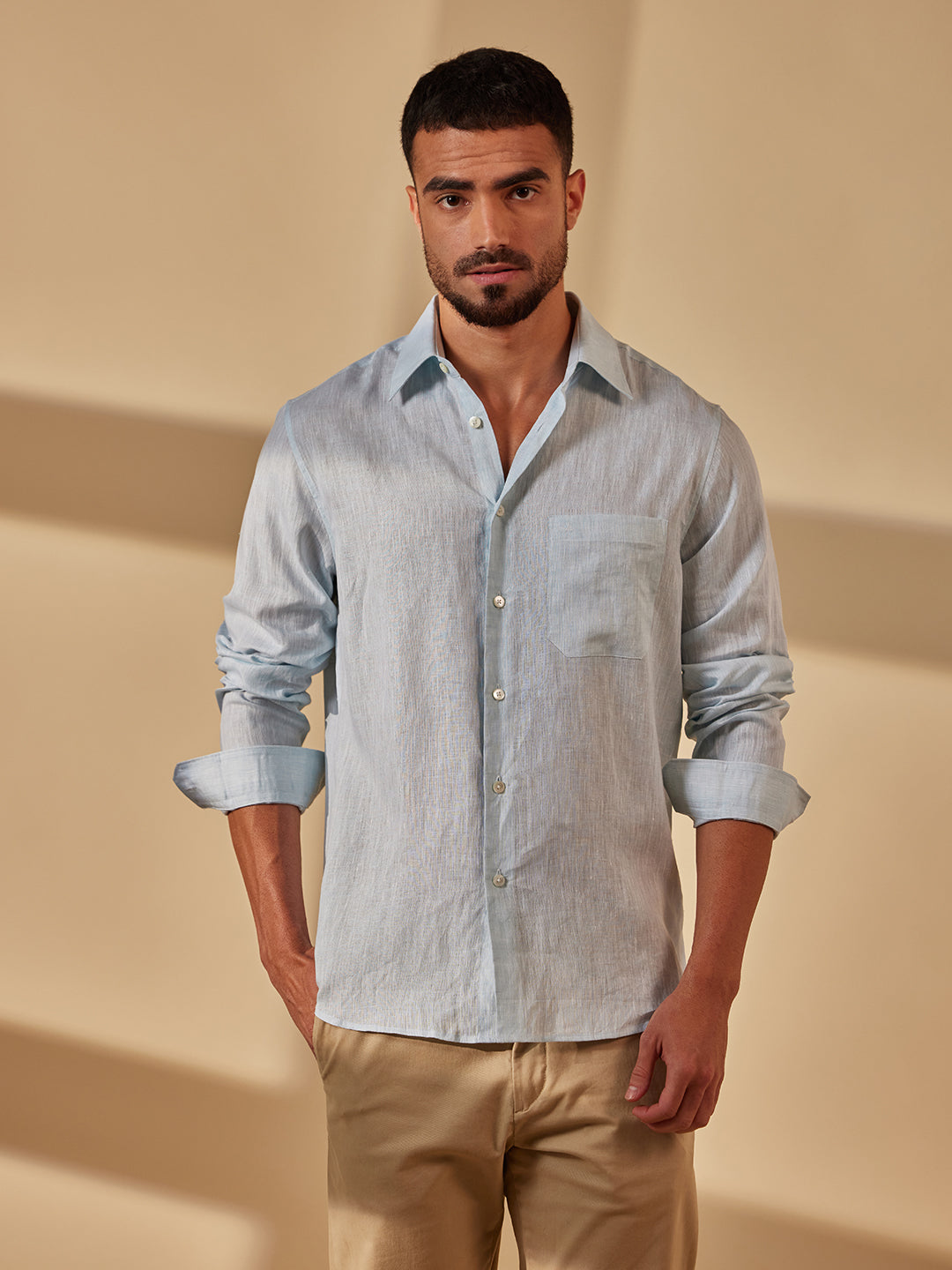 Aldeno Men Regular Fit Solid Light blue Linen Shirt (MOSI)